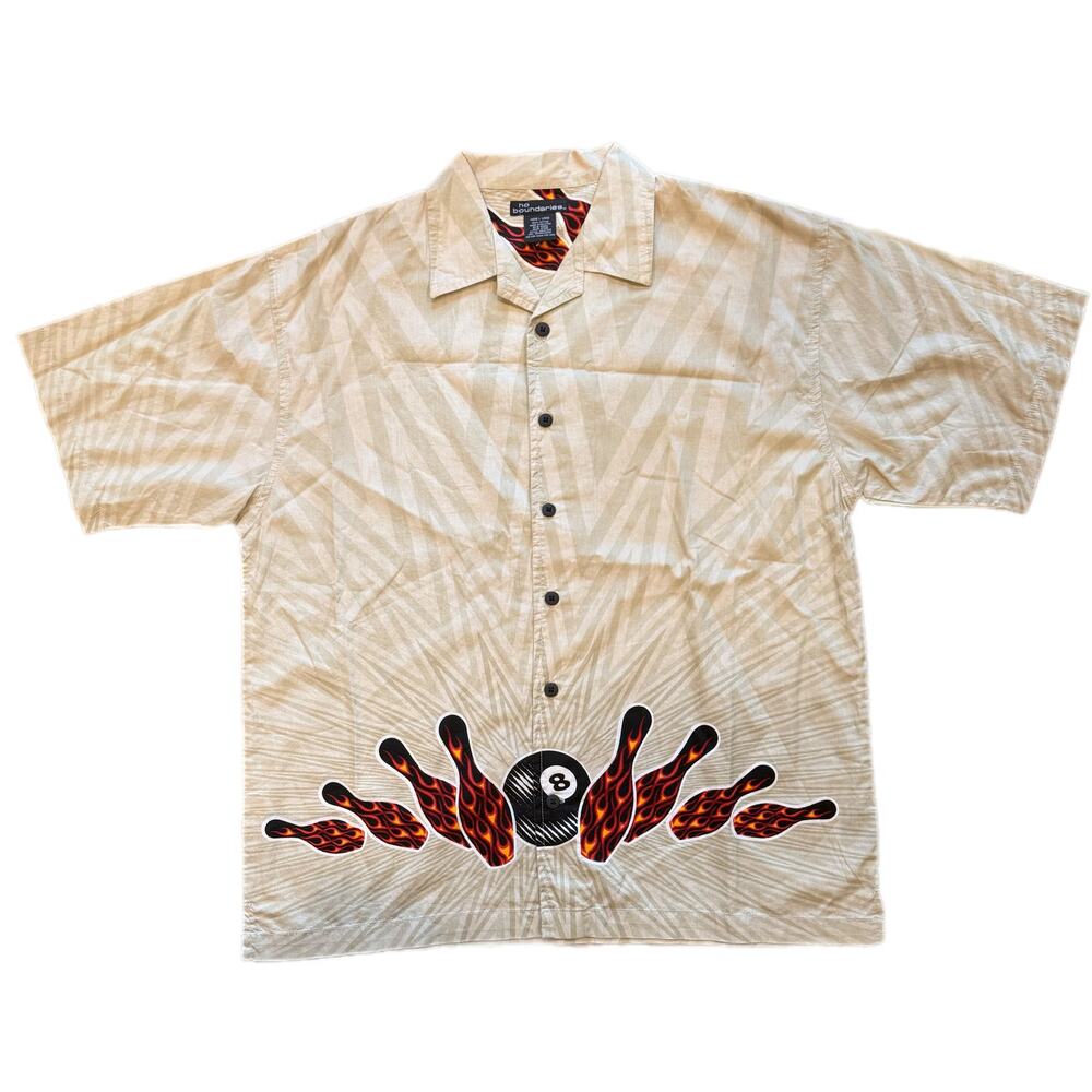 Vintage No Boundaries Shirt Mens 2XL Beige Flames Bowling Billiards 8 Ball Y2K
